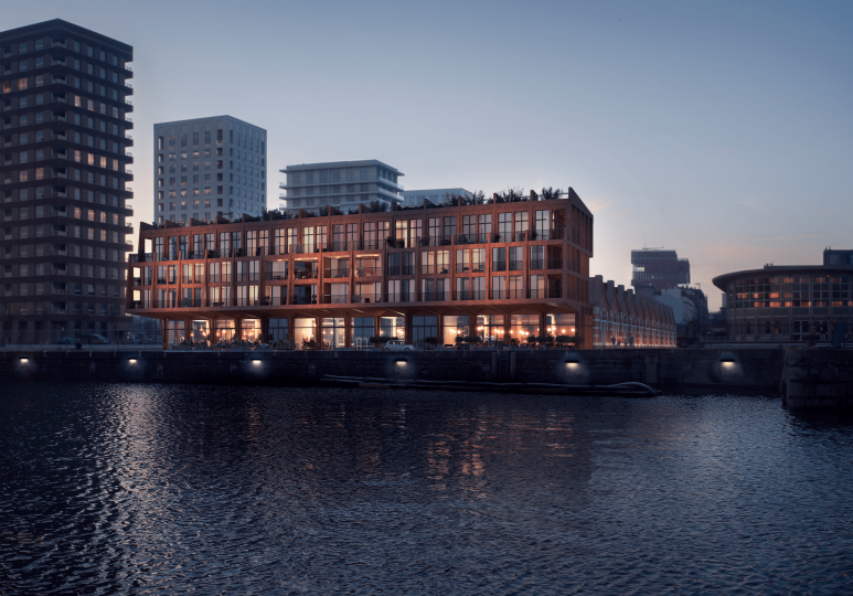 Digitale illustratie van het toekomstbeeld op de zwevende appartementen van Montevideo Residence