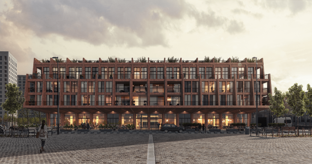 Digitale illustratie van het toekomstbeeld op de zwevende appartementen van Montevideo Residence