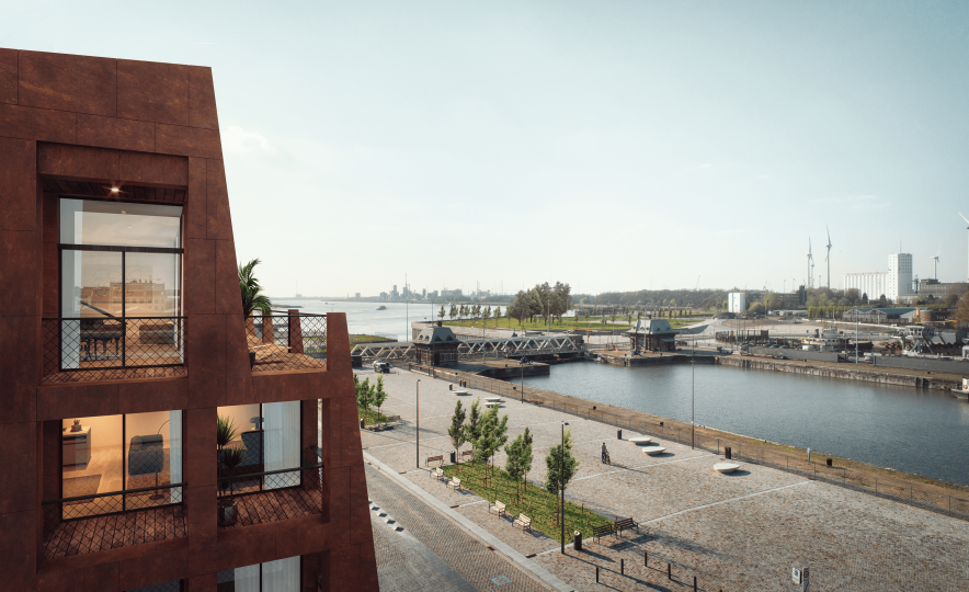 Digitale illustratie van het toekomstbeeld op de zwevende appartementen van Montevideo Residence