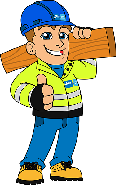 Veiligheidsmascotte VIC voor DCA Bouw met bekistingsplank