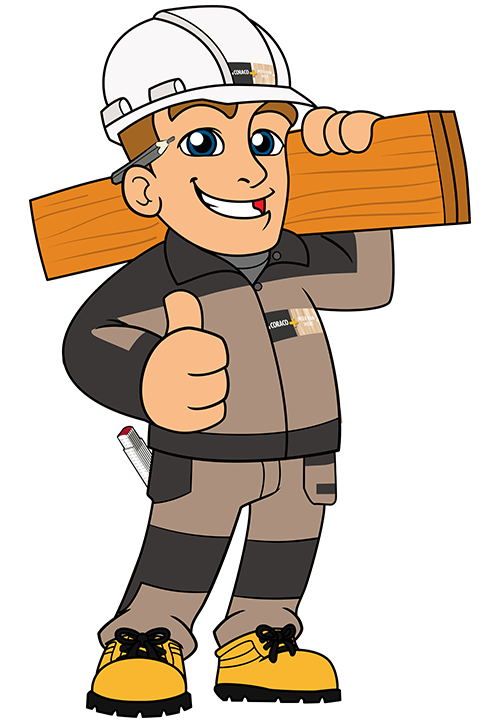 Veiligheidsmascotte VIC voor Coraco schrijnwerkerij met houten plank