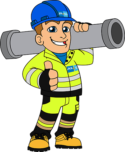 Veiligheidsmascotte VIC voor DCA Infra met rioleringsbuis